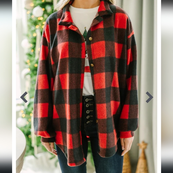 Mint Tops - Mint Stay Here Red Buffalo Plaid Button Down Fleece Shirt